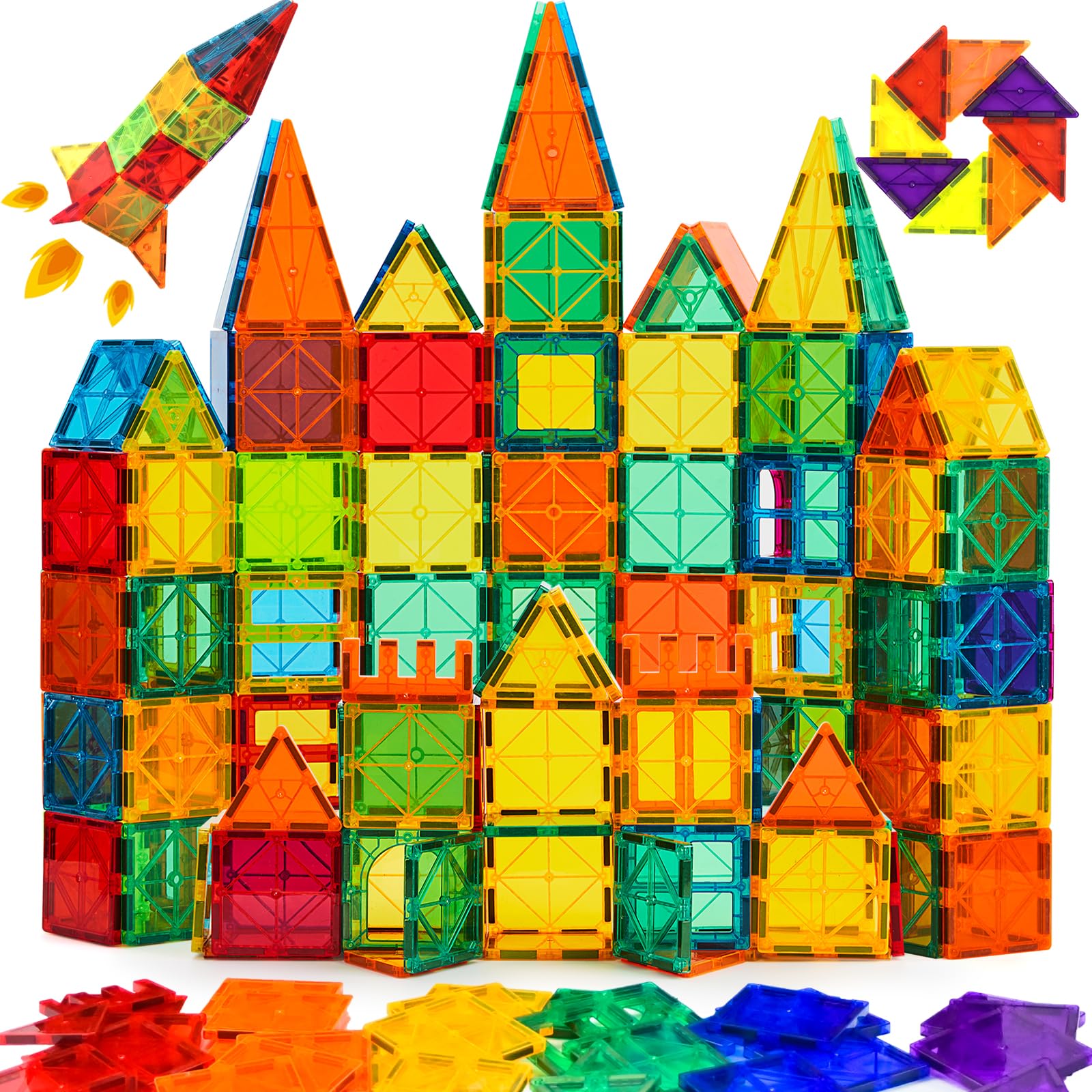 CuteTiger Magnetic Tiles, Magnet Tiles, 100 Pcs Magnetic Building Blocks No Cars, Square Building Castle, Preschool Toys, STEM Stacking Construction Montessori Toys for Kids