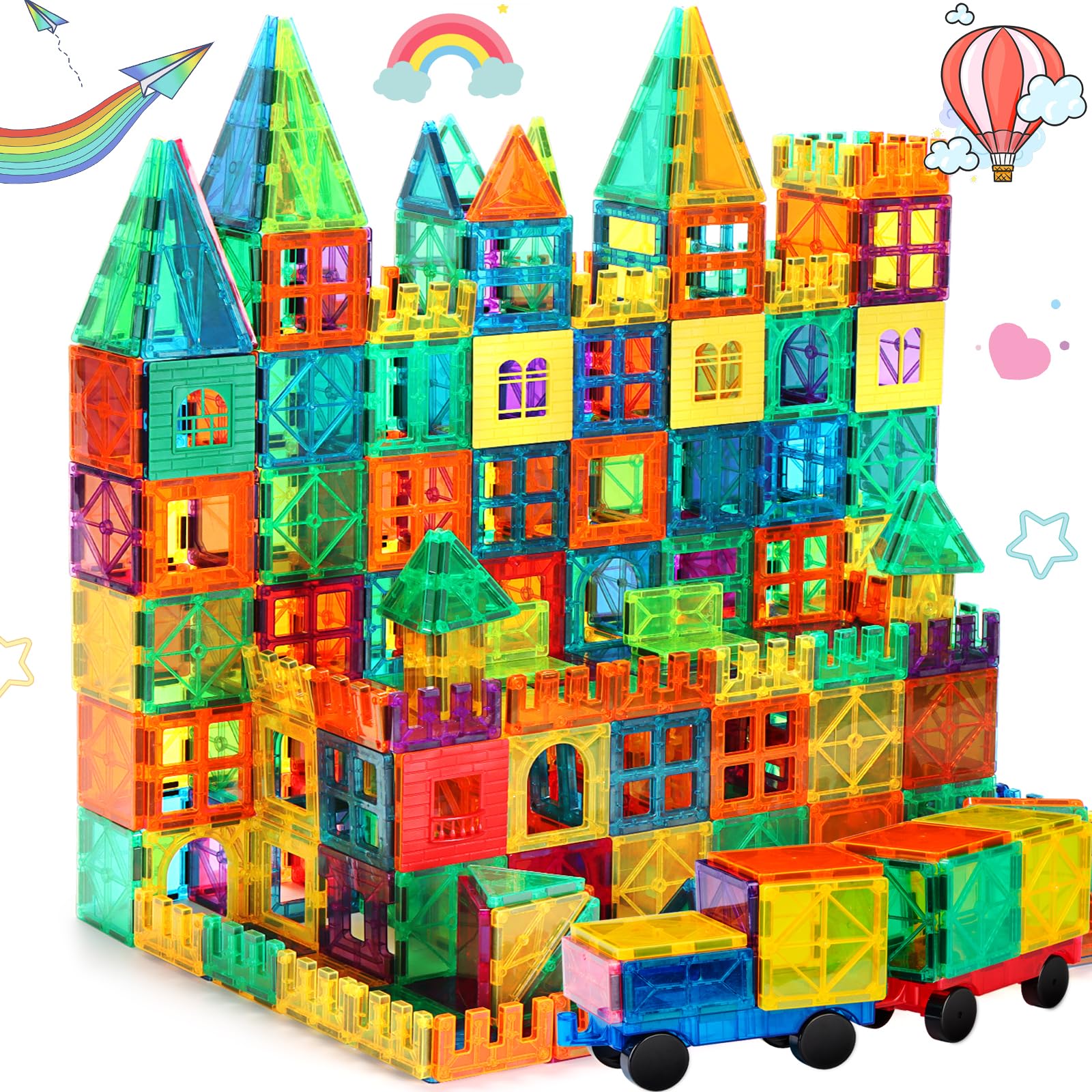 FNJO Magnetic Tiles, 100PCS Building Blocks, Magnets Building Set, STEM Construction Stacking Toy Gift for Kids 3+ Boys and Girls Preschool Kindergarden Toy