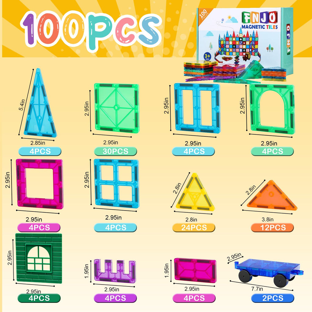 FNJO Magnetic Tiles, 100PCS Building Blocks, Magnets Building Set, STEM Construction Stacking Toy Gift for Kids 3+ Boys and Girls Preschool Kindergarden Toy