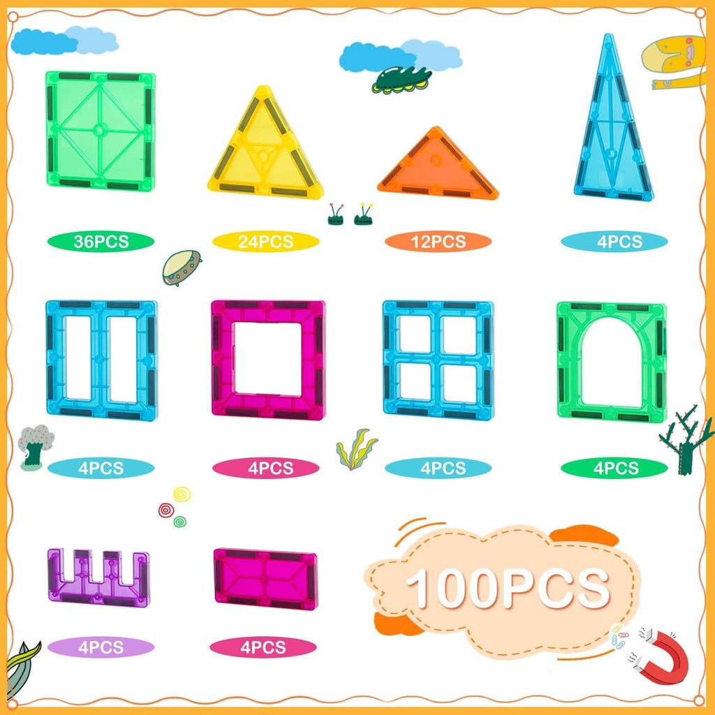 CuteTiger Magnetic Tiles, Magnet Tiles, 100 Pcs Magnetic Building Blocks No Cars, Square Building Castle, Preschool Toys, STEM Stacking Construction Montessori Toys for Kids