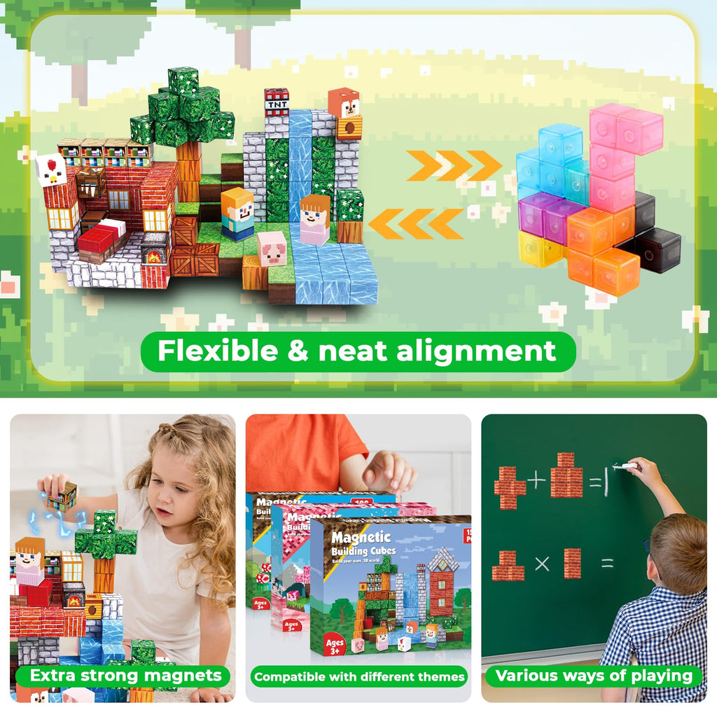 Magnetic Blocks-150PCS Grassland Magnetic Building Blocks Set, Kids Classroom Sensory Toy for Toddlers STEM Learning, Construction Stacking Toy for Kids 3+ Boys and Girls Christmas Birthday Gifts