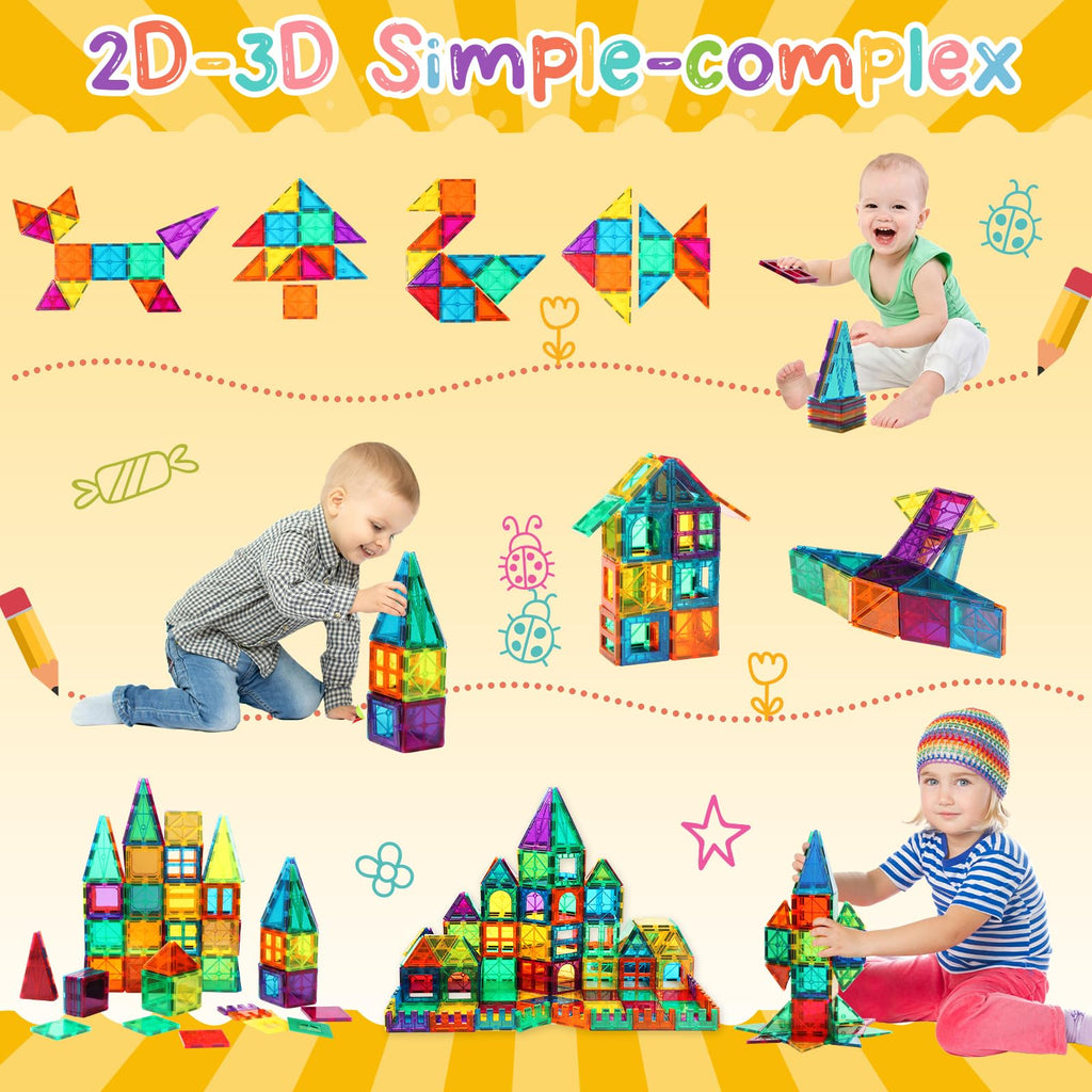 FNJO Magnetic Tiles, 100PCS Building Blocks, Magnets Building Set, STEM Construction Stacking Toy Gift for Kids 3+ Boys and Girls Preschool Kindergarden Toy