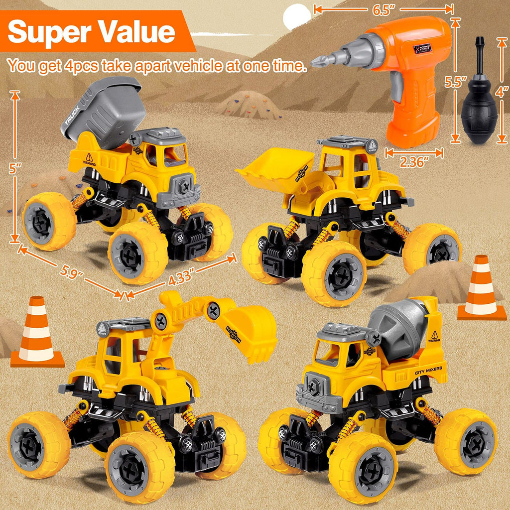 LUDILO 4PCS Take Apart Toys for 4 Year Old Boys Construction Toys with Electric Drill DIY Assembly Building Stem Toys Trucks Gifts for 3 4 5 6 7 8 Year Old Boys Girls Kids Learning Educational Toys